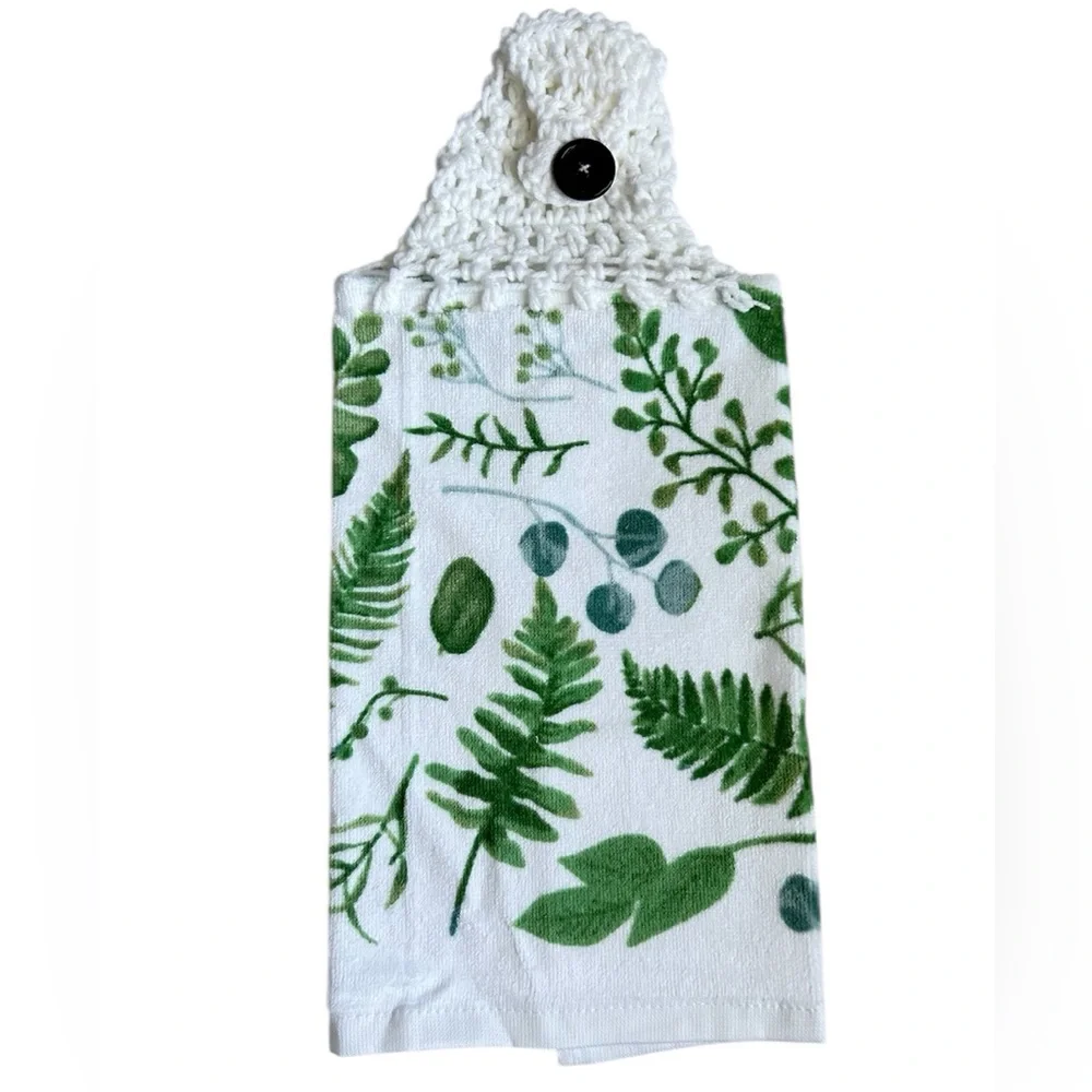 Hand Crafted Colorful Green Leaf Print Kitchen Hanging Hand Towel
